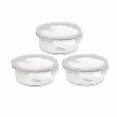 GENERICO - Set de 3 Contenedores Redondos de Vidrio con Tapa Hermética - 390 ml c/u