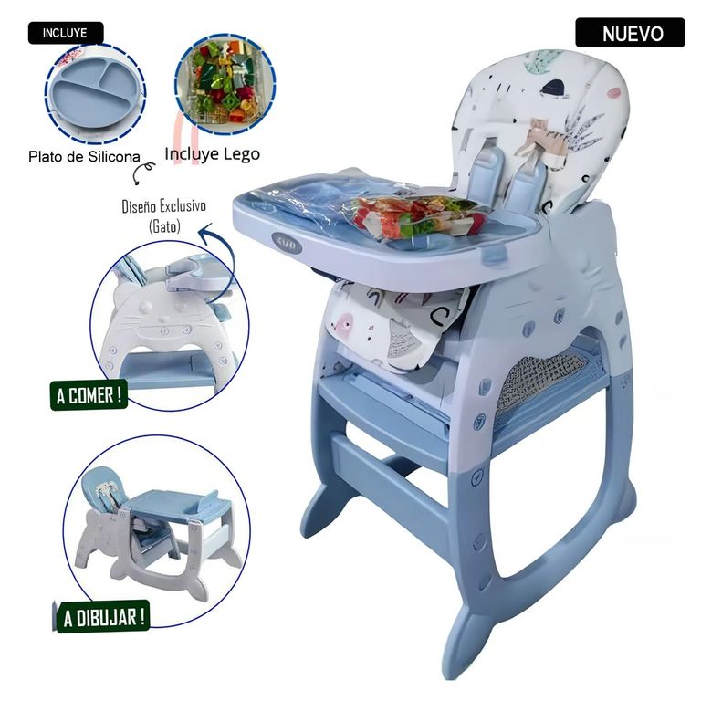 Silla con carpeta 3 en 1 comer/estudiar/jugar Gato Celeste