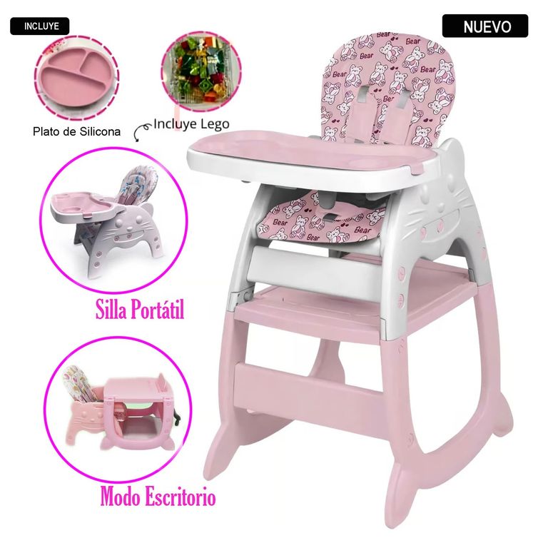 Silla con carpeta 3 en 1 comer/estudiar/jugar Gato Rosado
