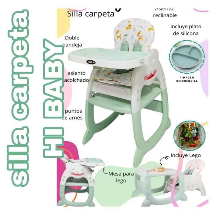 Silla con carpeta 3 en 1 comer/estudiar/jugar Gato Verde