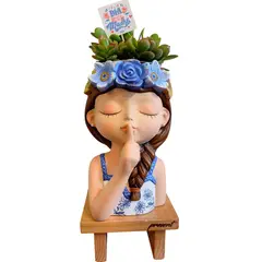 GENERICO - Macetero Maceta Blanca Suculentas Soñadora Pintada a Mano + Banquita de pino