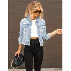 GENERICO - Casaca de Jean Mujer Azul Claro Corte Clásico Casual