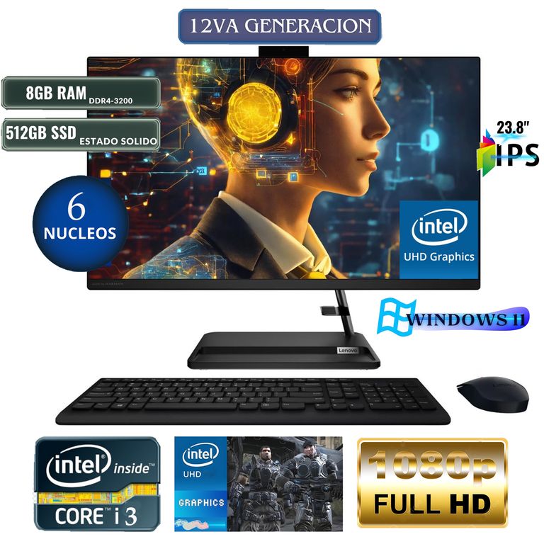 All In One Ideacentre 3 24Iap7 Core I3, 23.8" Fhd, Ram 8Gb, Ssd 512Gb