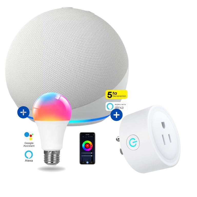 Echo Dot 5ta Gen Alexa Blanco + foco inteligente + enchufe Smart