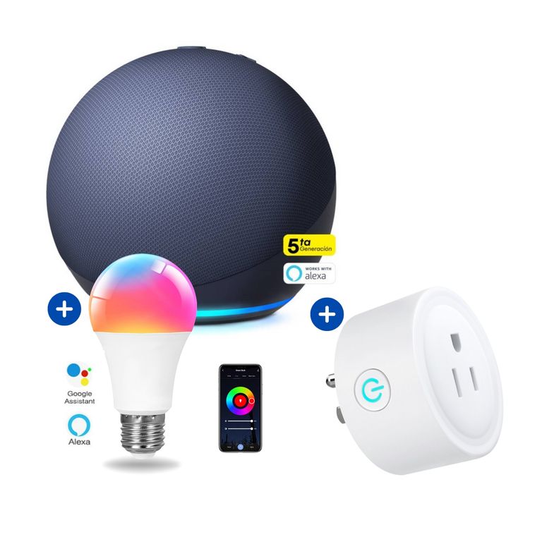 Echo Dot 5ta Gen Alexa Azul + foco inteligente + enchufe Smart