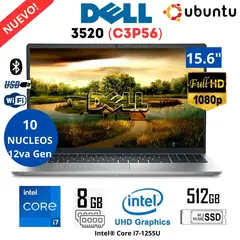 DELL - Laptop Inspion 15 3520 (C3P56) Intel Core i7-1255U 8GB RAM 512GB SSD 15.6" FHD UBUNTU - Silver