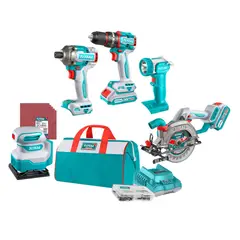 TOTAL TOOLS - Combo 5 en 1 Taladro, Sierra Circular, atornillador, Lijadora Linterna