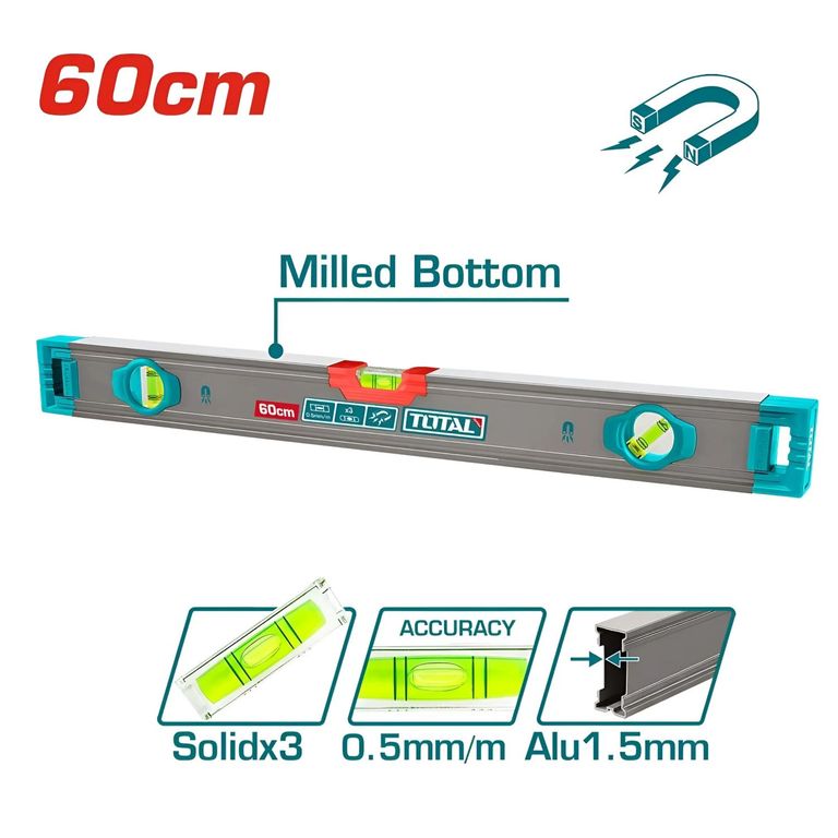 Nivel De Burbuja Magnético De 60 Cm En Aluminio Total - TMT26028M