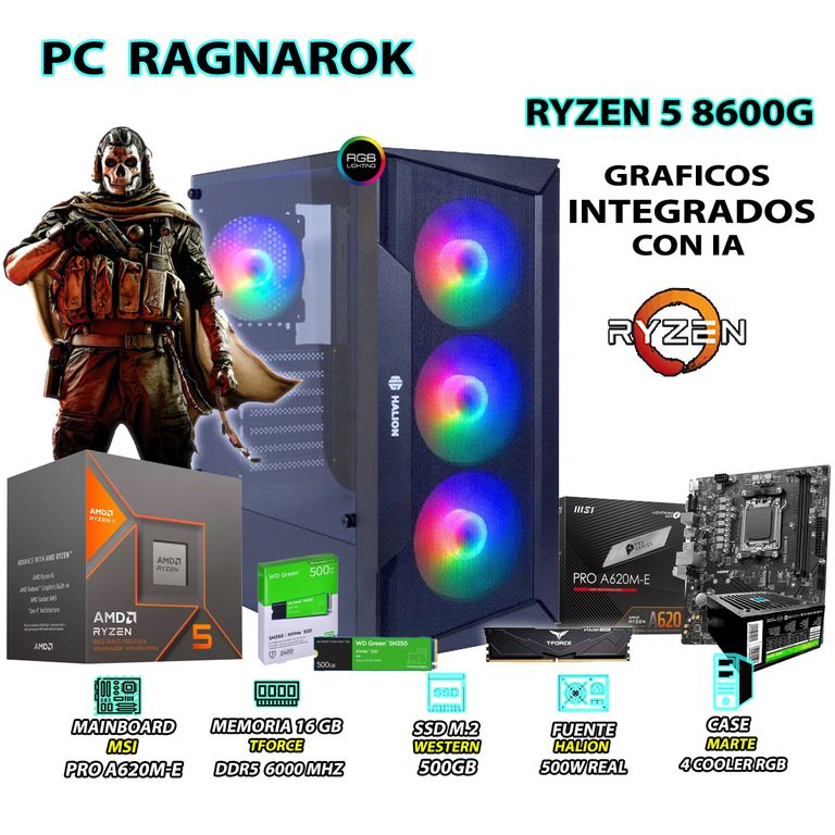 Computadora PC Ryzen 5 8600G RAM 16GB DISCO 500GB SSD CON GRAFICOS RADEON
