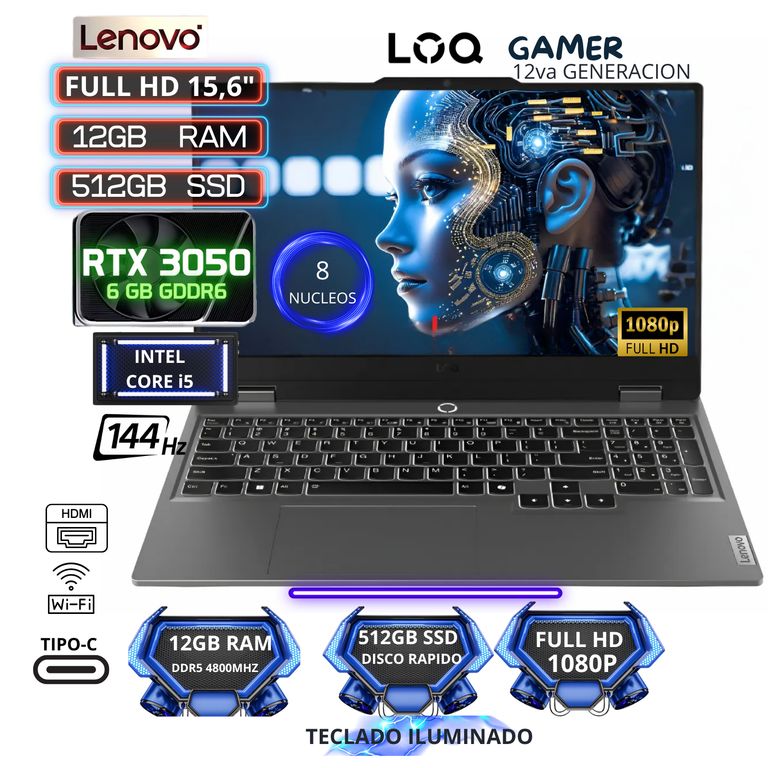 Laptop Gamer 15.6" Intel Core i5-12450HX 12GB 512GB SSD RTX 3050 6GB FHD LOQ