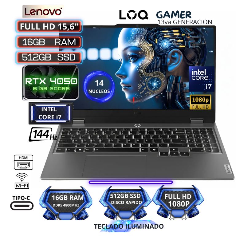 LAPTOP LOQ INTEL CORE I7, RAM 16GB SSD 512GB - PANTALLA 15,6 NVIDIA GEFORCE RTX 4050 6GB