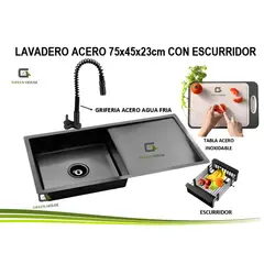 GENERICO - LAVADERO 75x45x23 cm ACERO CON ESCURRIDOR + GRIFERIA RESORTE AGUA FRIA