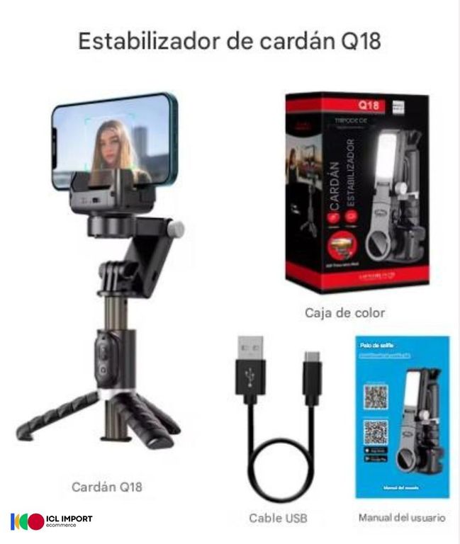 ESTABILIZADOR CARDÁN DE MANO Q18 ROTACIÓN 360° SELFIESTICK TRÍPODE