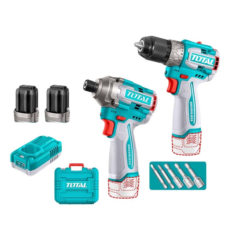 Taladro atornillador + Atornillador de Impacto Brushless 16V TOTAL