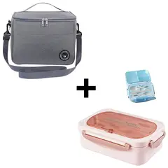 EASY&HOME - Lonchera Térmica Portátil Gris + Lonchera Hermética + Cubiertos Rosado