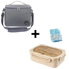 EASY&HOME - Lonchera Térmica Impermeable Gris+ Lonchera Hermética +Cubiertos Beige