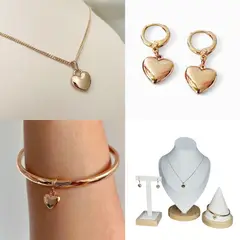 GENERICO - Set Corazon Aretes Collar y Pulsera Bañado en Oro 18k
