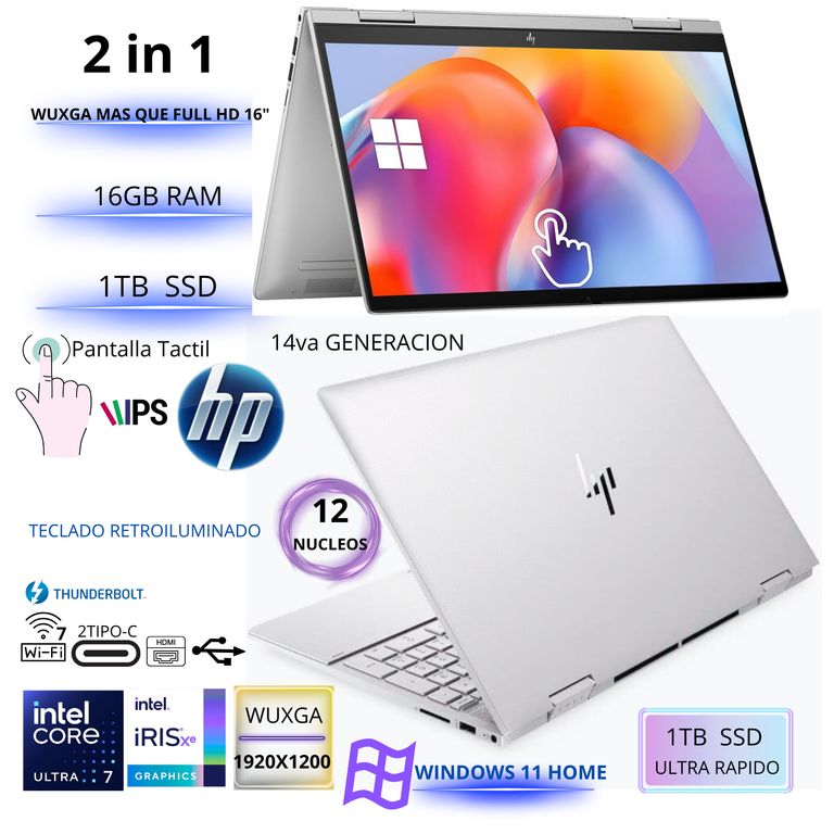 Envy x360 Laptop 2 en 1 con pantalla táctil IPS WUXGA de 15.6, Intel Core Ultra 7 , 16GB ,1TB SSD