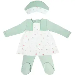 GENERICO - Conjunto Vestido bebé Niña - 3 piezas - Flores - Verde