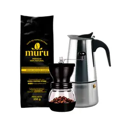 GENERICO - Pack Coffee Lover Cafetera Moka Inox 300ml + Molino + Cafe