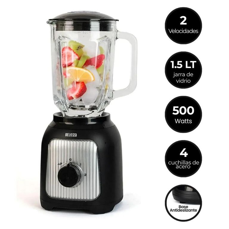 Licuadora 2 Velocidades + Pulso - 500W 1.5L, Vaso de Vidrio