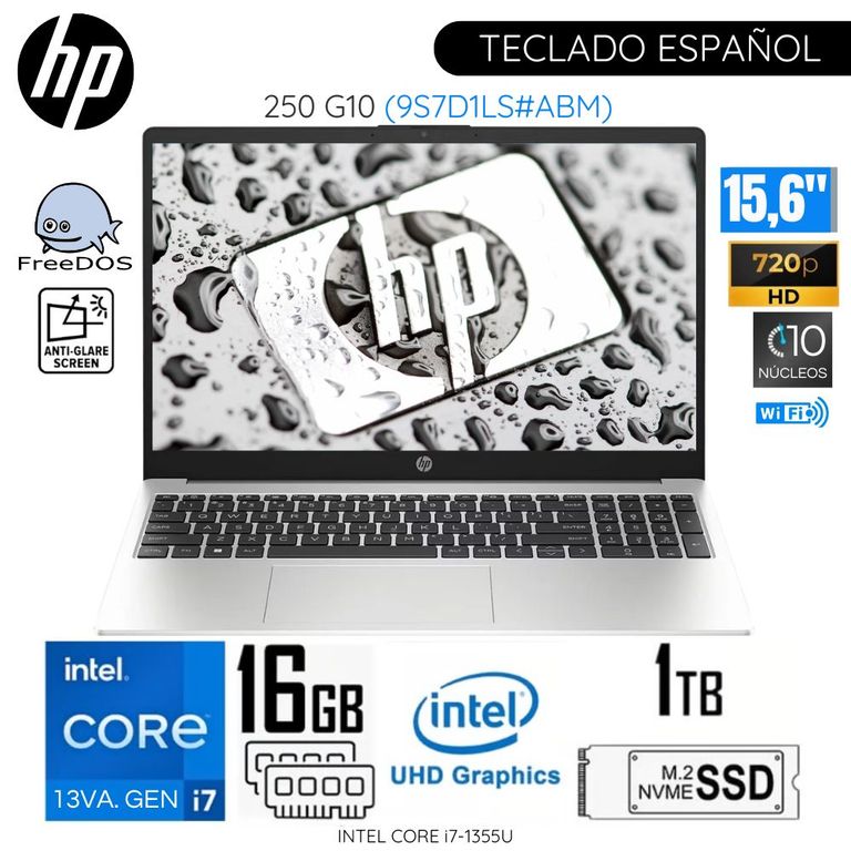 Laptop 250 G10 Intel Corei7-1355U 16GB RAM 1TB SSD 15.6" HD Silver Free Dos - 9S7D1LS