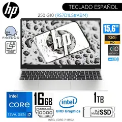 HP - Laptop 250 G10 Intel Corei7-1355U 16GB RAM 1TB SSD 15.6" HD Silver Free Dos - 9S7D1LS