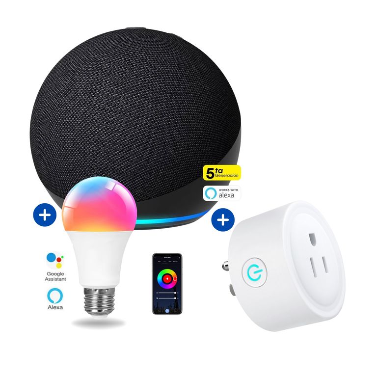 Echo Dot 5ta Gen Alexa Negro + foco inteligente + enchufe Smart