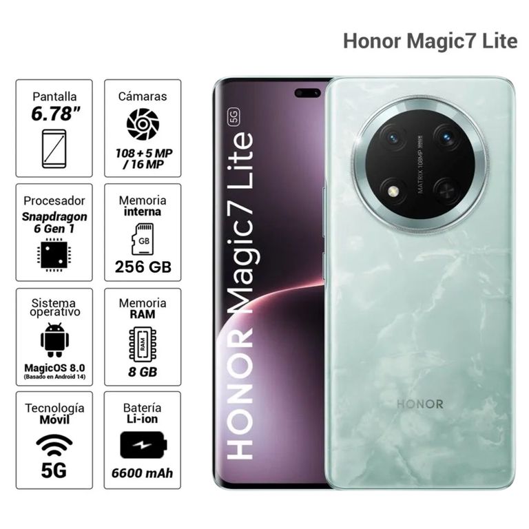 Celular Magic7 Lite 5G 256GB 8GB RAM cámara 108MP + 5MP frontal 16MP 6.7 Verde Jade