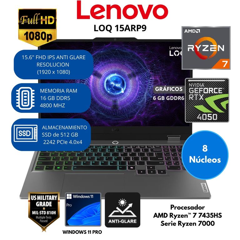 Laptop LOQ AMD Ryzen 7 (15ARP9) RAM 16 GB SSD 512 GB 15.6" FHD IPS Windows 11 PRO