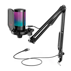 FIFINE - Micrófono A6T Ampligame RGB Condensador + Brazo - Negro