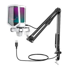FIFINE - Micrófono A6T Ampligame RGB Condensador + Brazo-BLANCO