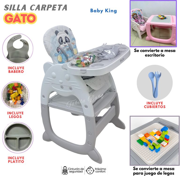 Silla de comer Bebe Carpeta Gato con accesorios Gris