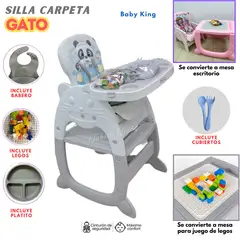 BABY KING - Silla de comer para bebe Escritorio Gato Gris 4 en 1