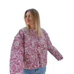 GIOIO - Chaqueta Mujer Algodón Flores Cuello Redondo Casual Moda