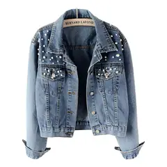 GIOIO - Abrigo De Chaqueta De Perlas De Mezclilla Para Mujer Moda