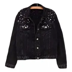 GIOIO - Abrigo De Chaqueta De Perlas De Mezclilla Para Mujer Moda