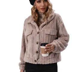 GIOIO - Chamarra Abrigos Corta De Mujer Con Solapa De Felpa A Rayas