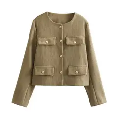 GIOIO - Chaqueta Mujer Tweed Corto Botones Decorativos Elegante Otoño Invierno