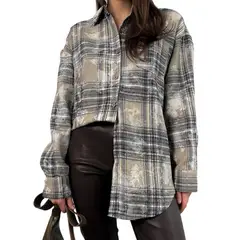 GIOIO - Camisa Mujer Algodón Cuadros Larga Casual Original