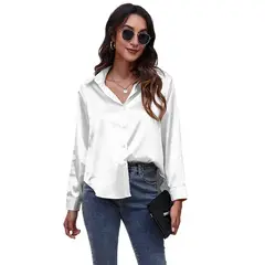 GIOIO - Blusa De Satén De Manga Larga De Seda Sintética Satinada Par