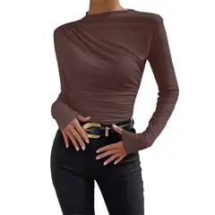 GIOIO - Blusa Mujer Lisa Americana Entallada Fruncida Manga Larga Casual