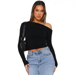 GIOIO - Blusa Mujer Lisa Asimétrica Fruncida Crop Manga Larga Casual