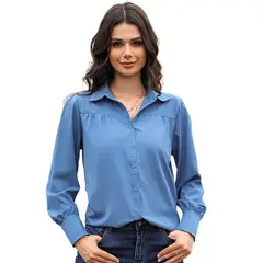 GIOIO - Camisa Mujer Lisa Botones Manga Globo Fruncida Holgada
