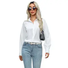 GIOIO - Camisa Mujer Lisa Botones Manga Globo Fruncida Holgada