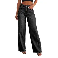 GIOIO - Pantalón Vaquero Mujer Palazzo Costura Lateral Bajo Desgastado