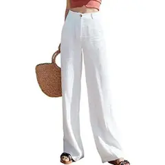 GIOIO - Pantalón Lino Mujer Tiro Alto Palazzo Casual