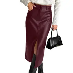 GIOIO - Falda piel PU ajustada forro cálido vintage abertura lateral