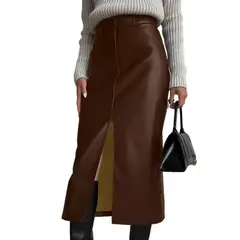 GIOIO - Falda piel PU ajustada forro cálido vintage abertura lateral