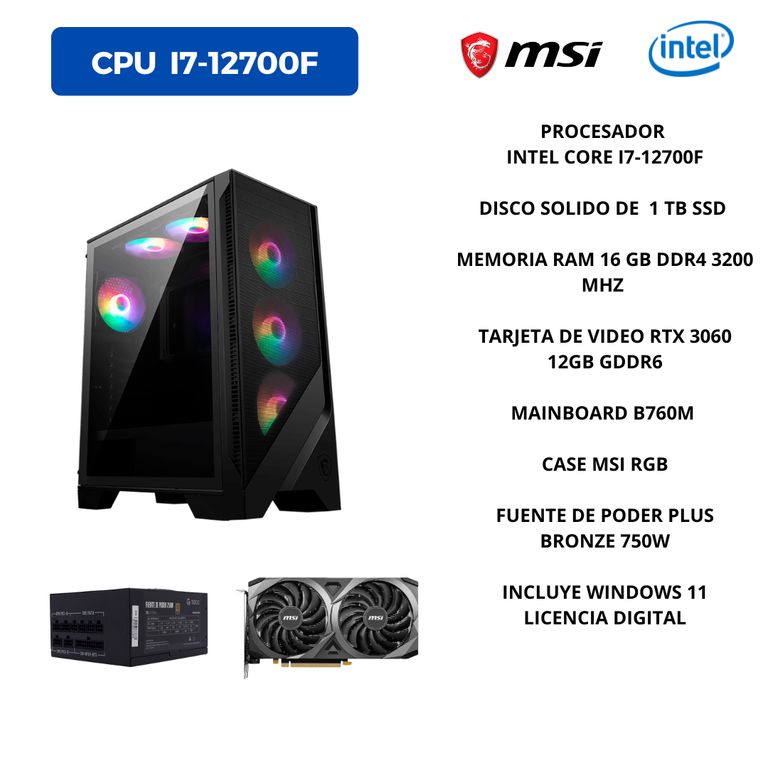 PC GAMER INTEL I7-12700F, RAM 16 GB DDR4, 1 TB SSD, TARJETA VIDEO 3060 12 GB